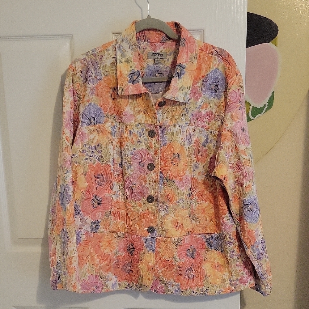 J. Bee Sz1X Women's Floral needlework Button up Jacket front pockets